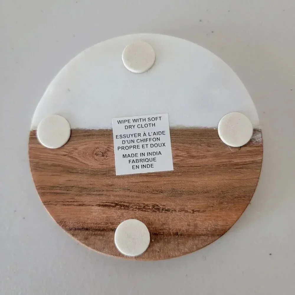 Handmade Marble and Wood Round Coaster Set of 2 Acacia Wood White Marble